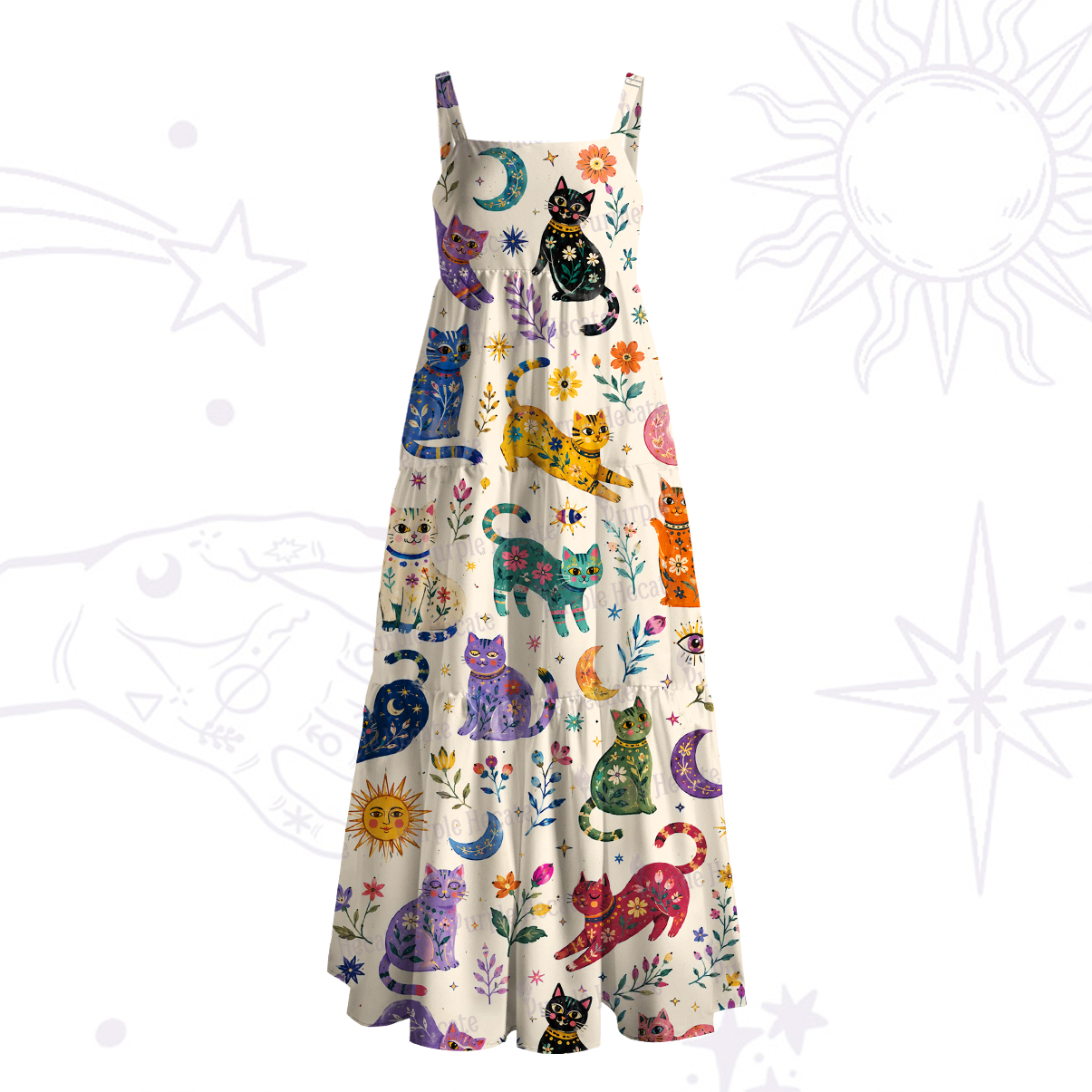 Purplehecate Rainbow Magic Cats Wide Straps Maxi Dress