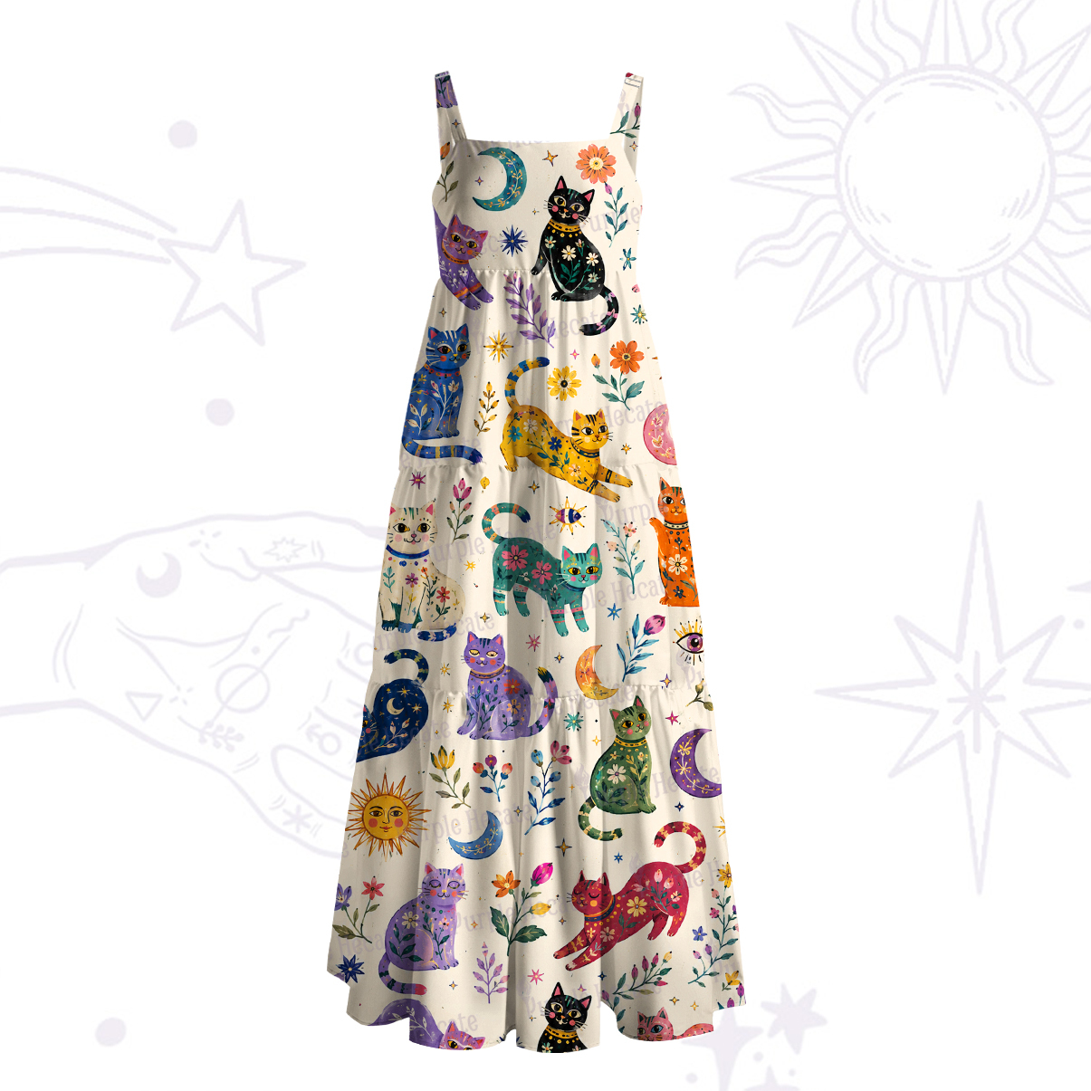 Purplehecate Rainbow Magic Cats Wide Straps Maxi Dress