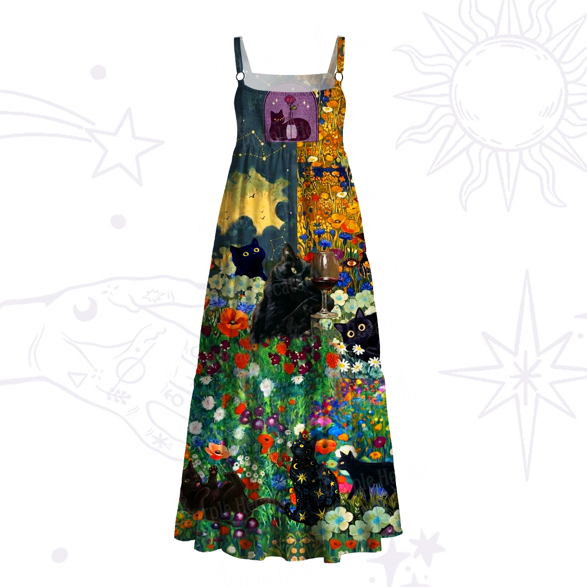 Purplehecate Black Cat Secret Garden Wide Straps Maxi Dress