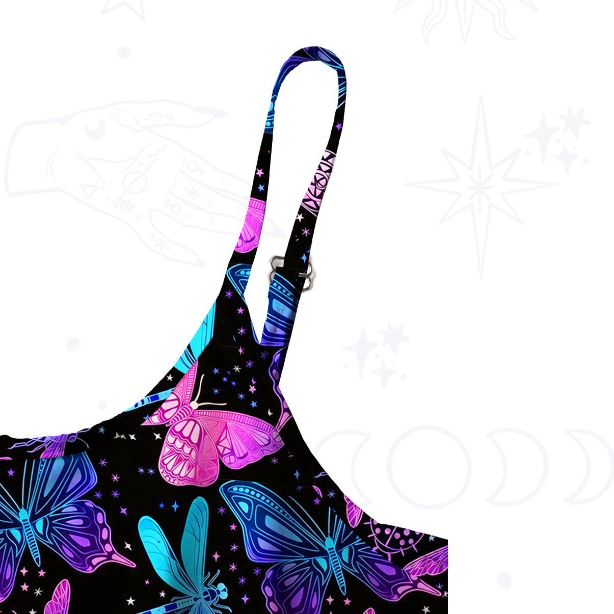 Purplehecate Neon Butterfly Dragonfly Spaghetti Strap Midi Dress