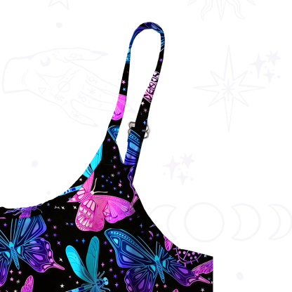 Purplehecate Neon Butterfly Dragonfly Spaghetti Strap Midi Dress