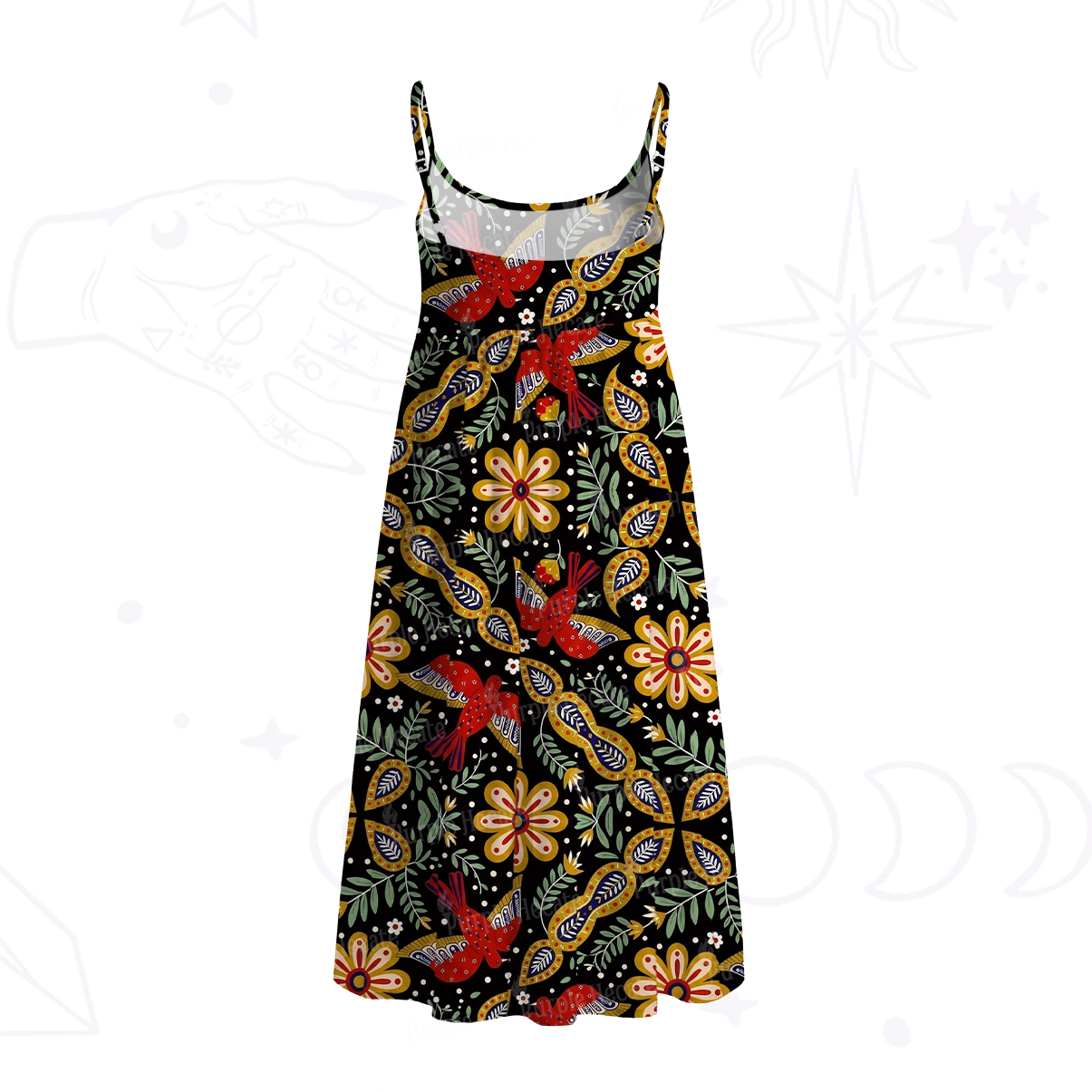 Purplehecate Midnight Tropical Rhapsody Spaghetti Strap Midi Dress