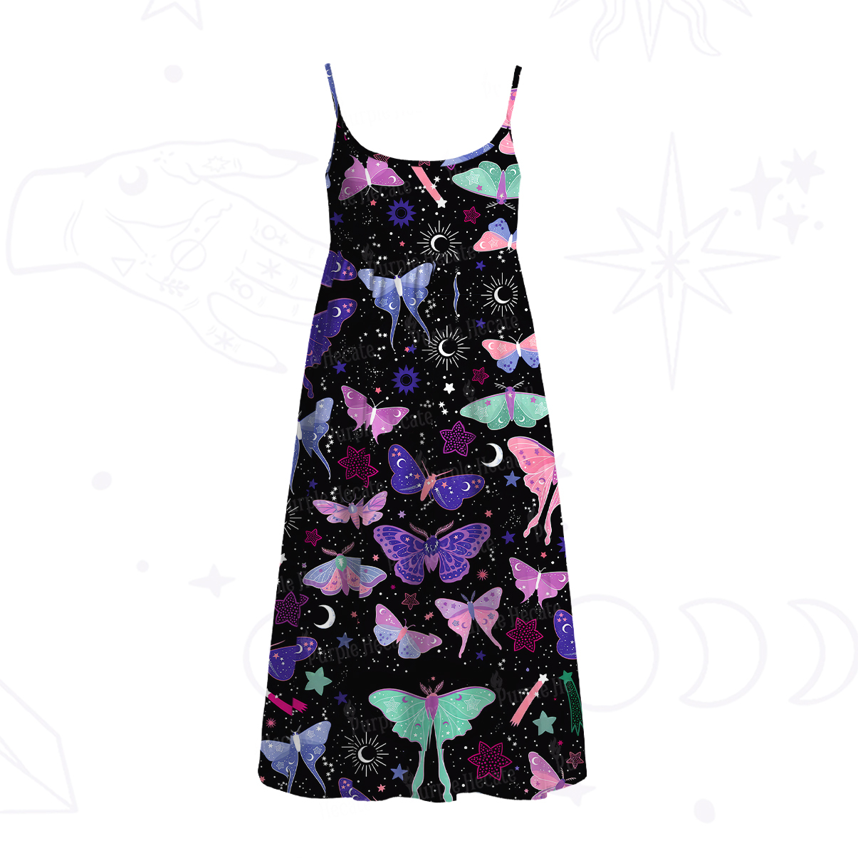 Purplehecate Midnight Moth Spaghetti Strap Midi Dress