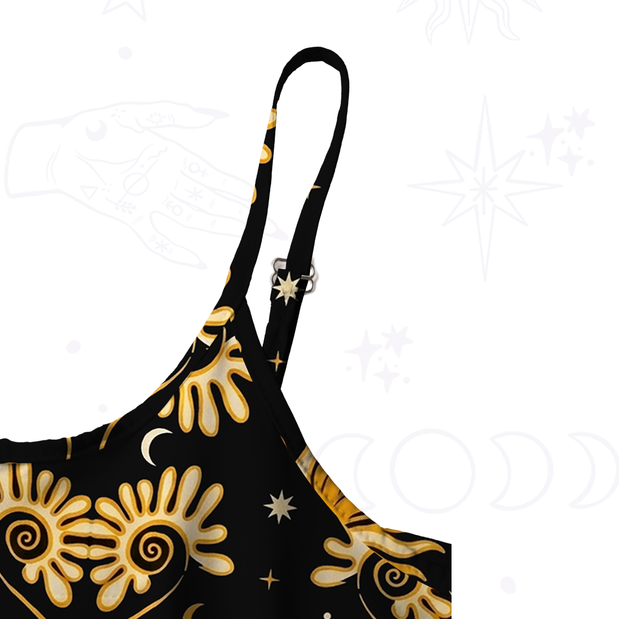 Purplehecate Golden Cosmic Sunflower Spaghetti Strap Midi Dress