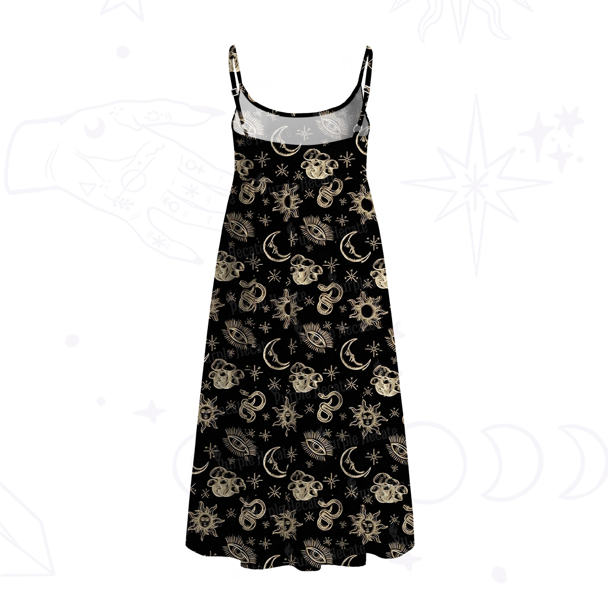 Purplehecate Celestial Moon Serpent Spaghetti Strap Midi Dress