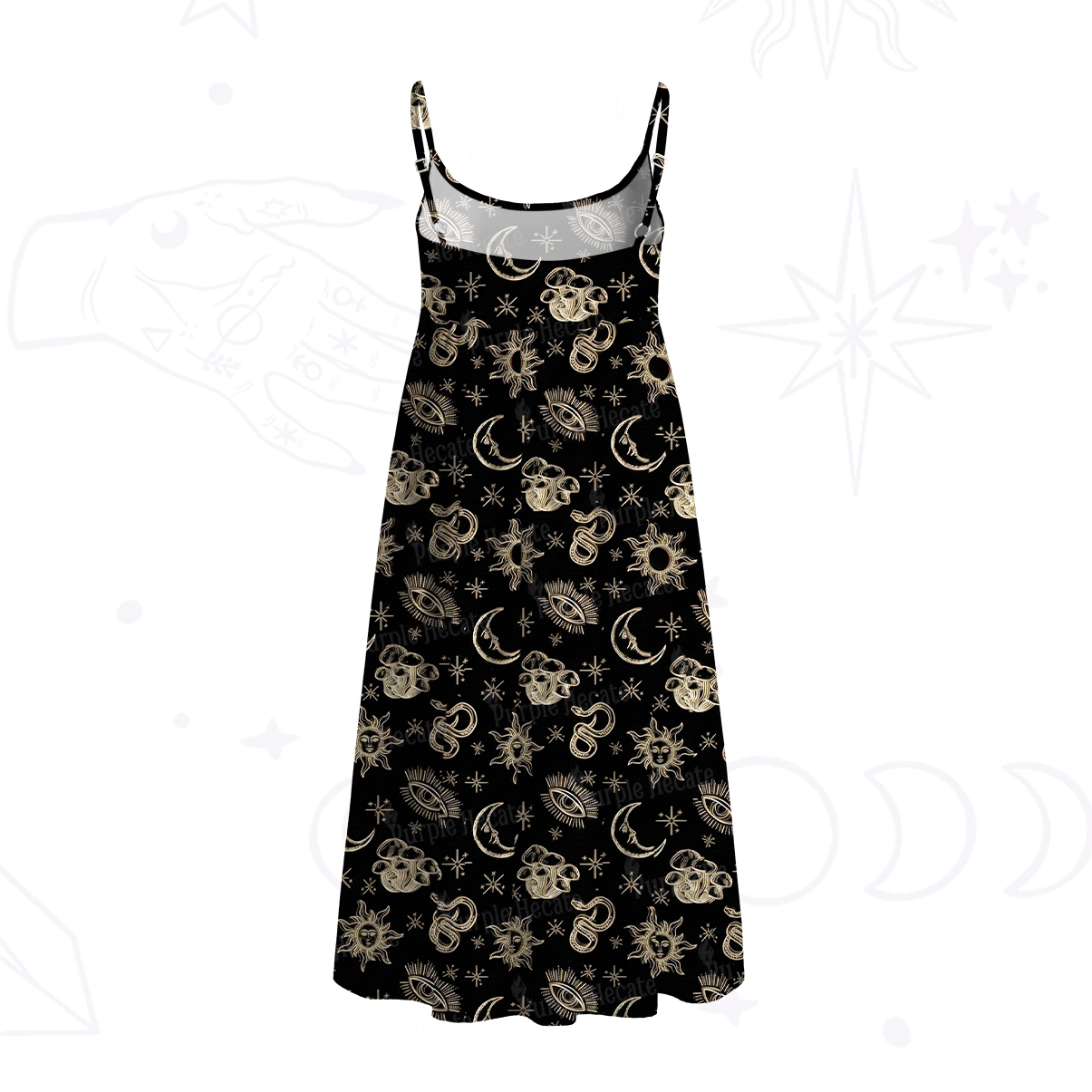 Purplehecate Celestial Moon Serpent Spaghetti Strap Midi Dress