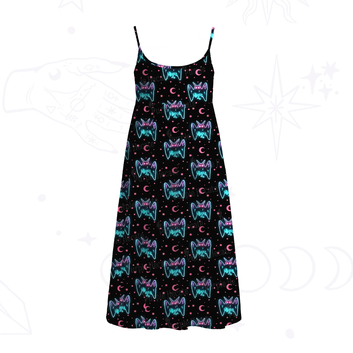 Purplehecate Witch Cat Rides the Dino Spaghetti Strap Midi Dress