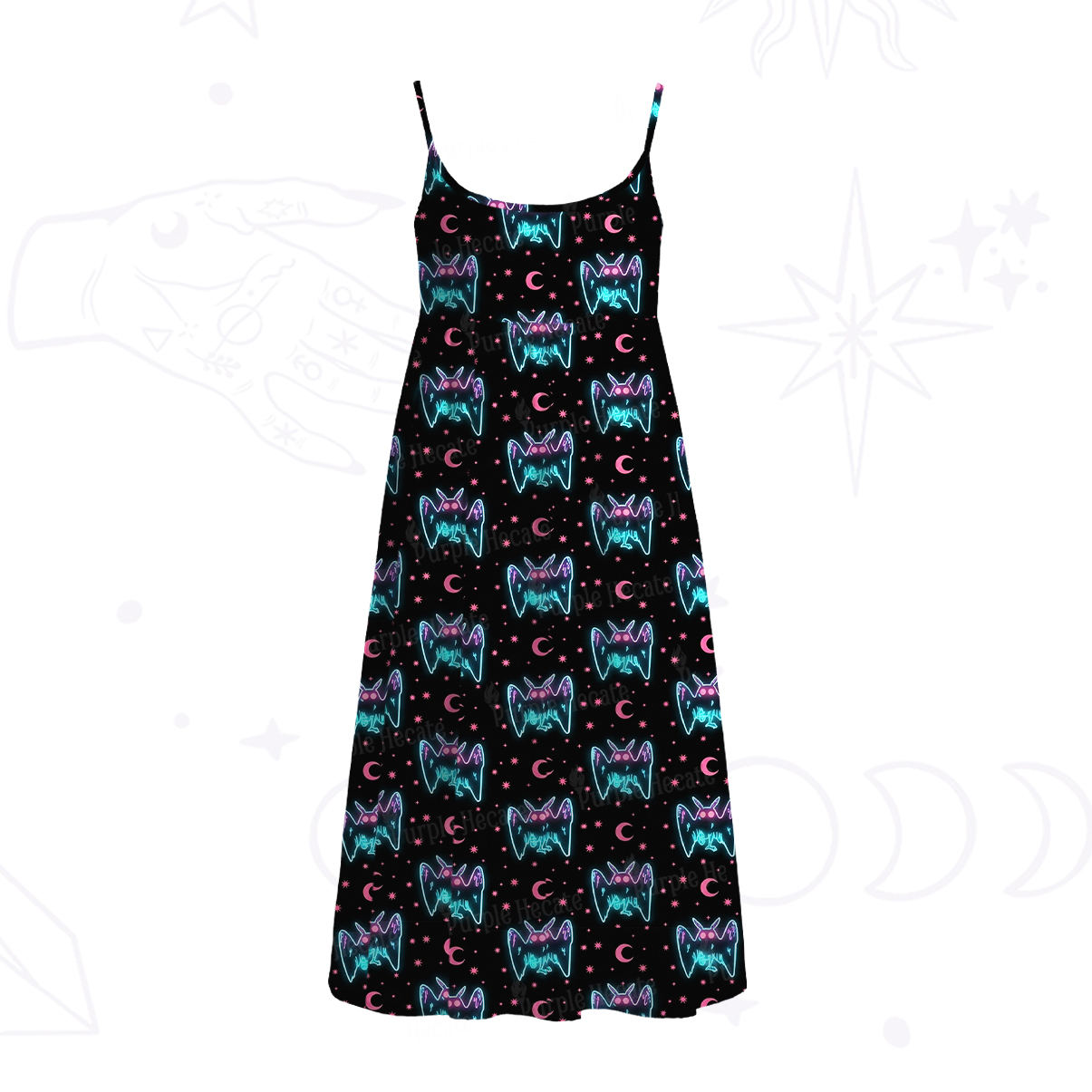 Purplehecate Witch Cat Rides the Dino Spaghetti Strap Midi Dress