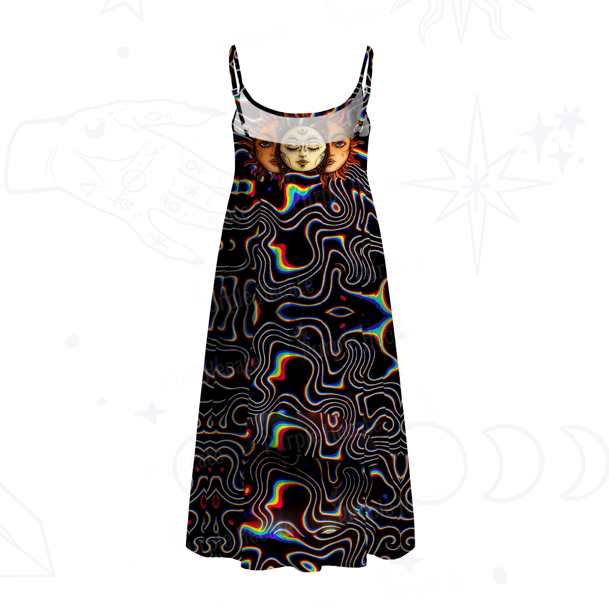 Purplehecate Psychedelic Sun and Moon Spaghetti Strap Midi Dress