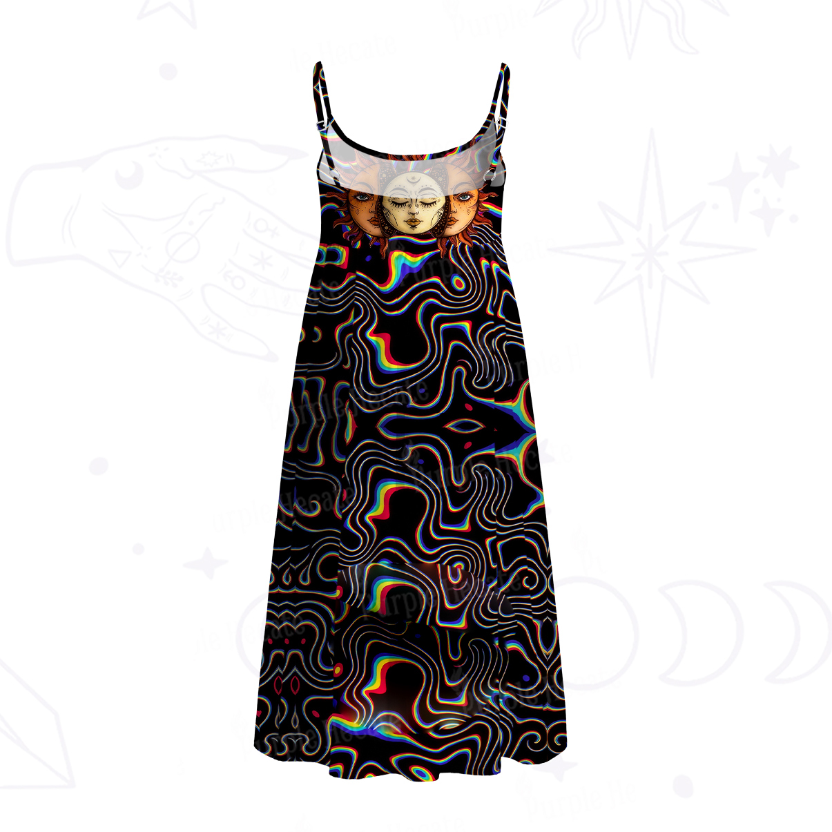 Purplehecate Psychedelic Sun and Moon Spaghetti Strap Midi Dress