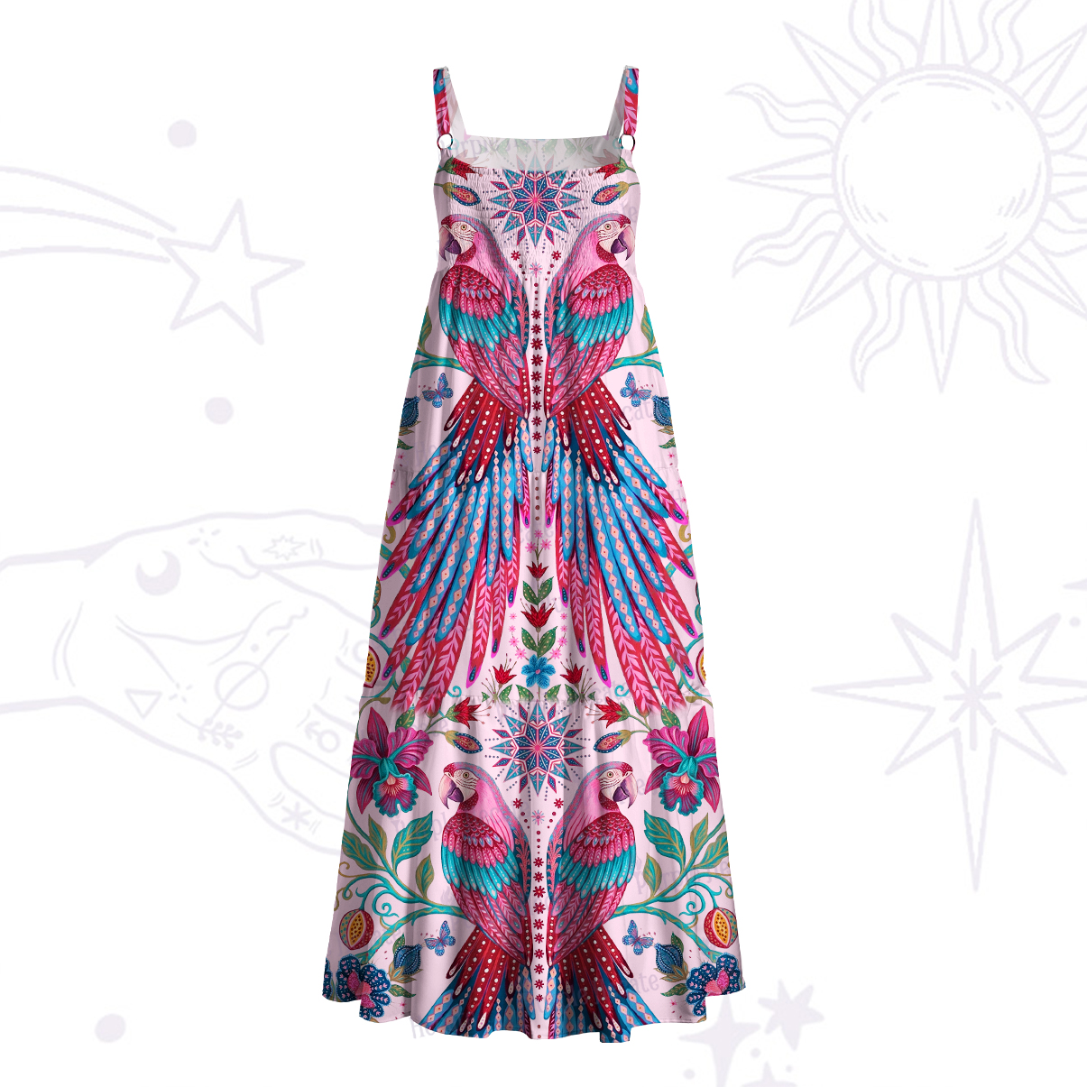 Purplehecate Tropical Parrot Garden Wide Straps Maxi Dress