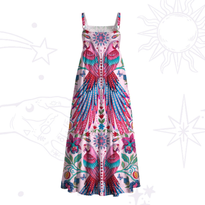 Purplehecate Tropical Parrot Garden Wide Straps Maxi Dress
