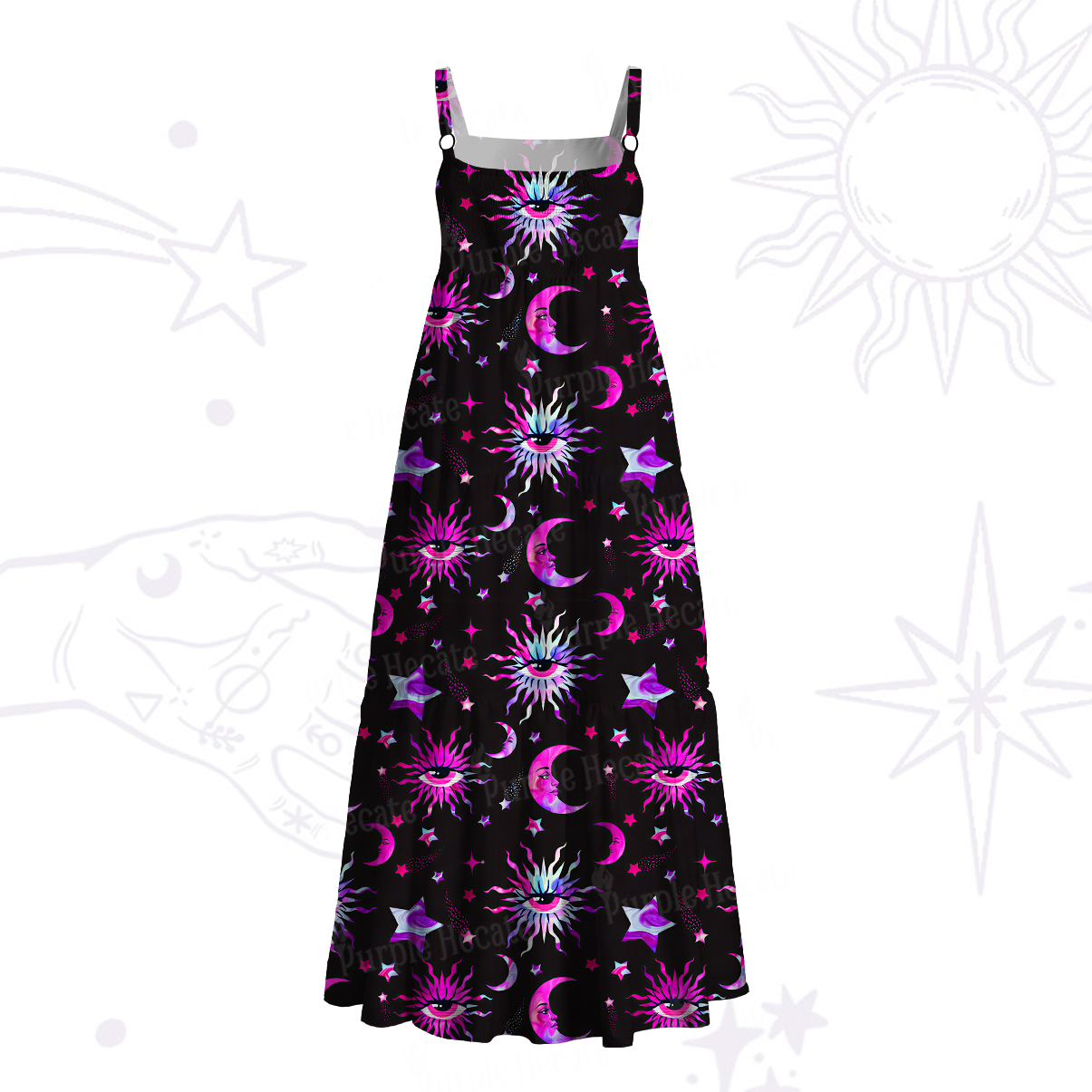 Purplehecate Celestial Eye Starlit Moon Wide Straps Maxi Dress