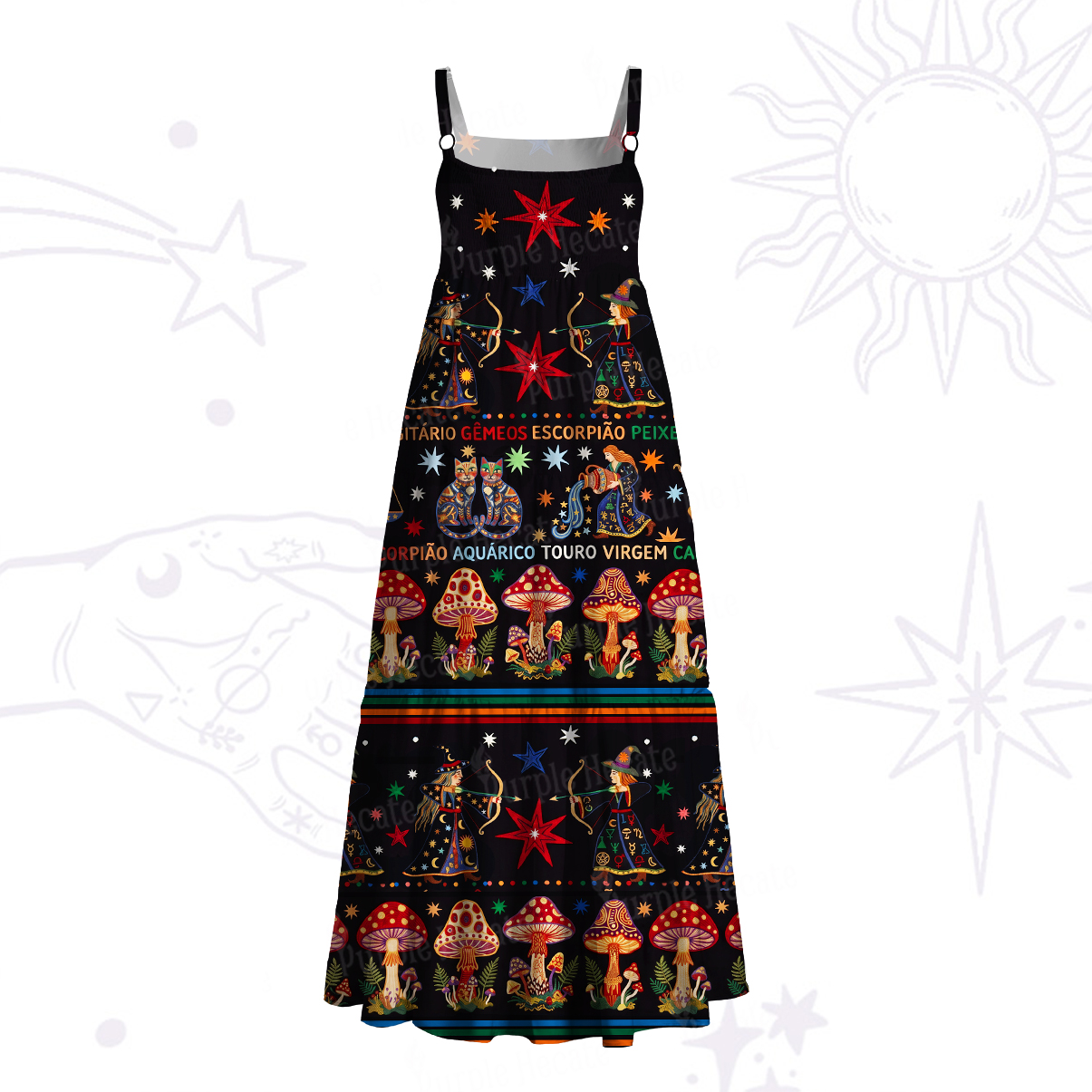 Purplehecate Mystic Zodiac Shroom Forest Wide Straps Maxi Dress