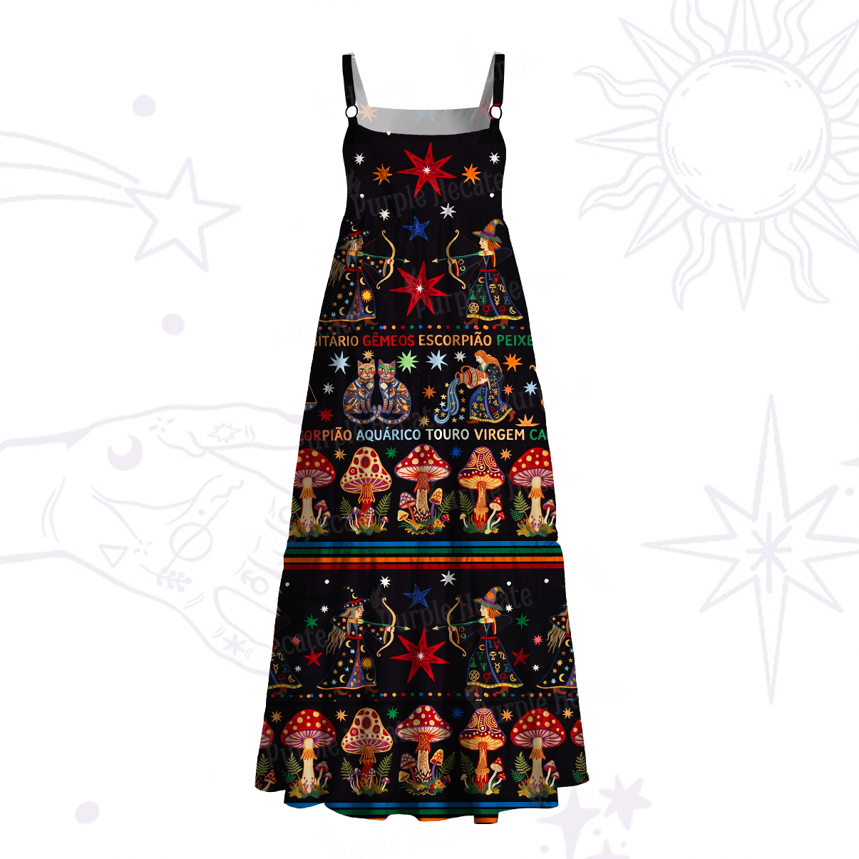 Purplehecate Mystic Zodiac Shroom Forest Wide Straps Maxi Dress