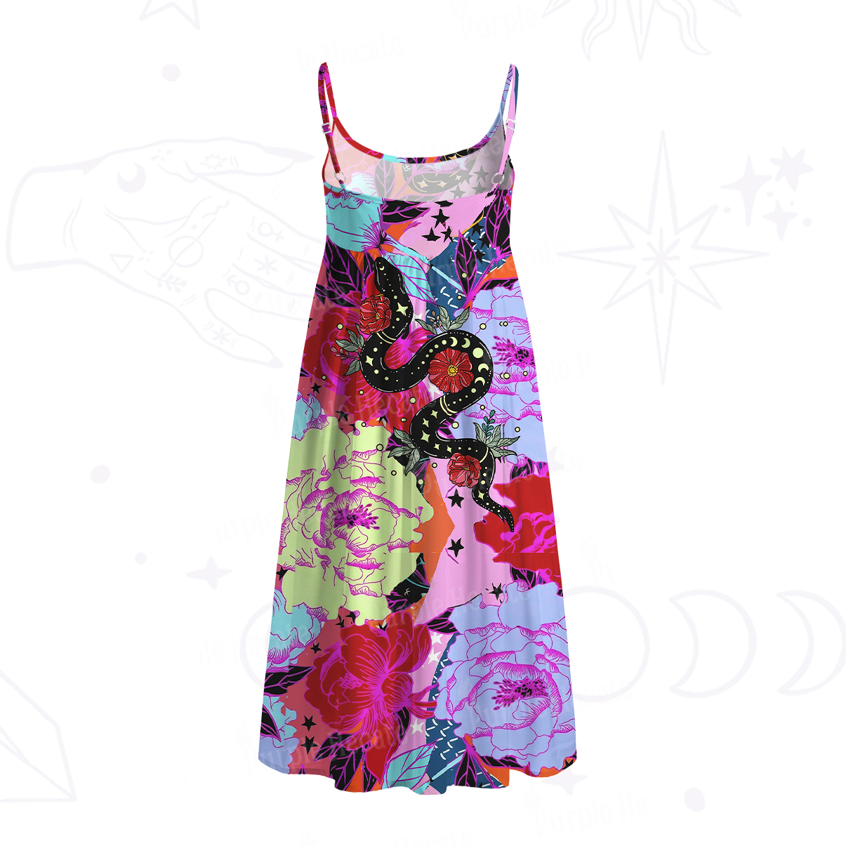 Purplehecate Enchanted Black Serpent & Floral Pattern Spaghetti Strap Midi Dress