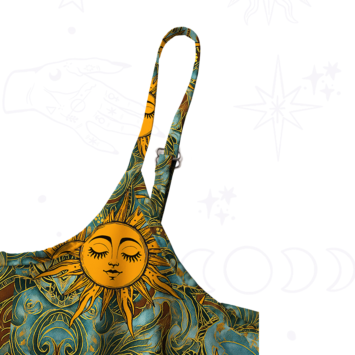 Purplehecate Golden Sun Wheel Spaghetti Strap Midi Dress