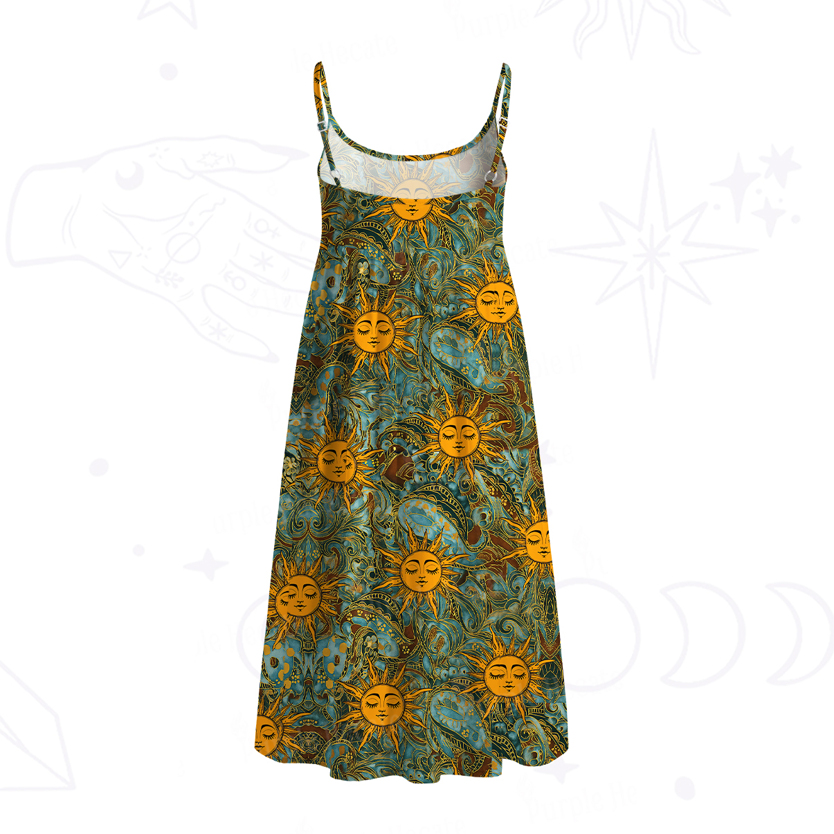 Purplehecate Golden Sun Wheel Spaghetti Strap Midi Dress