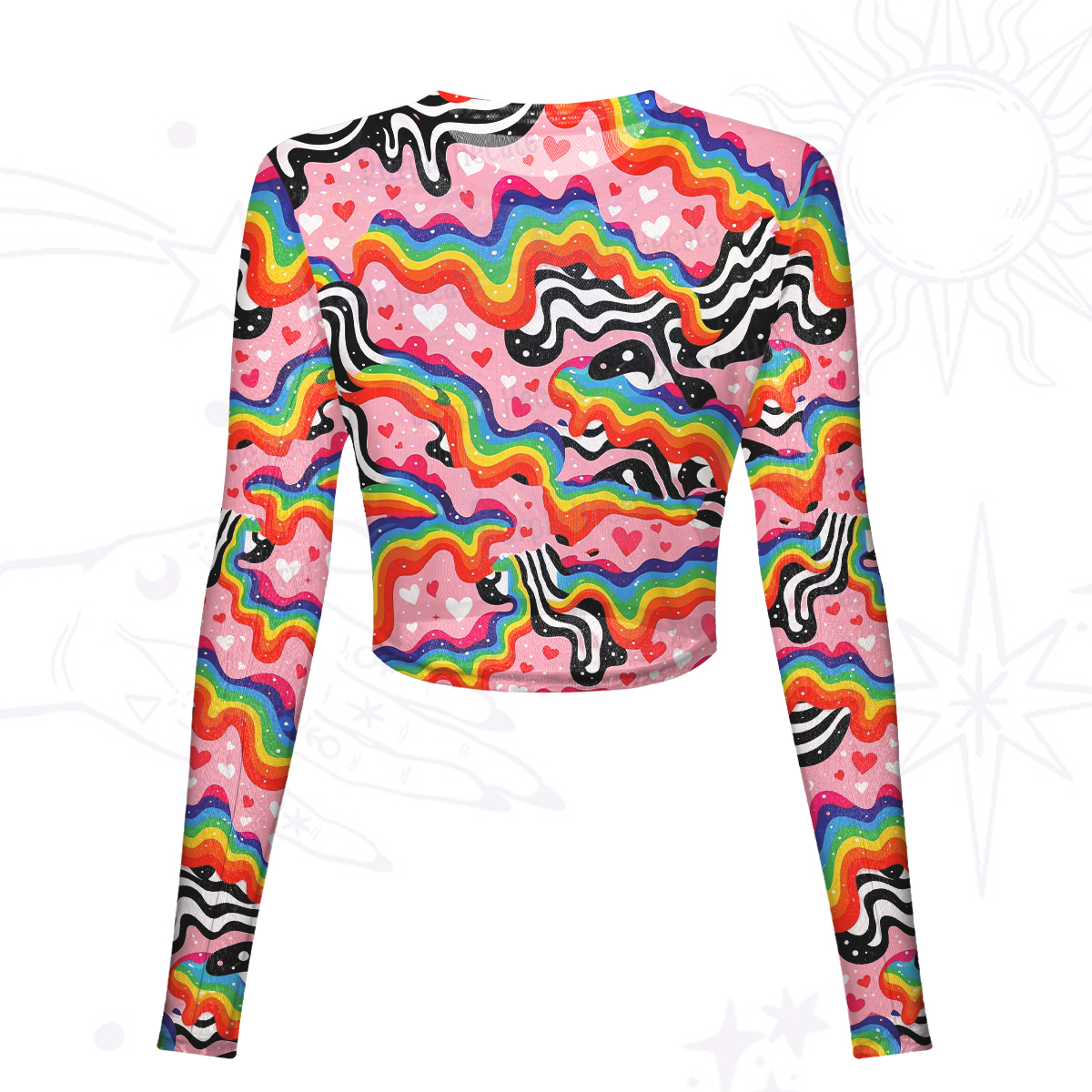 Purplehecate Groovy Melty Rainbow Hearts Wavy Mesh Long Sleeve Crop Top