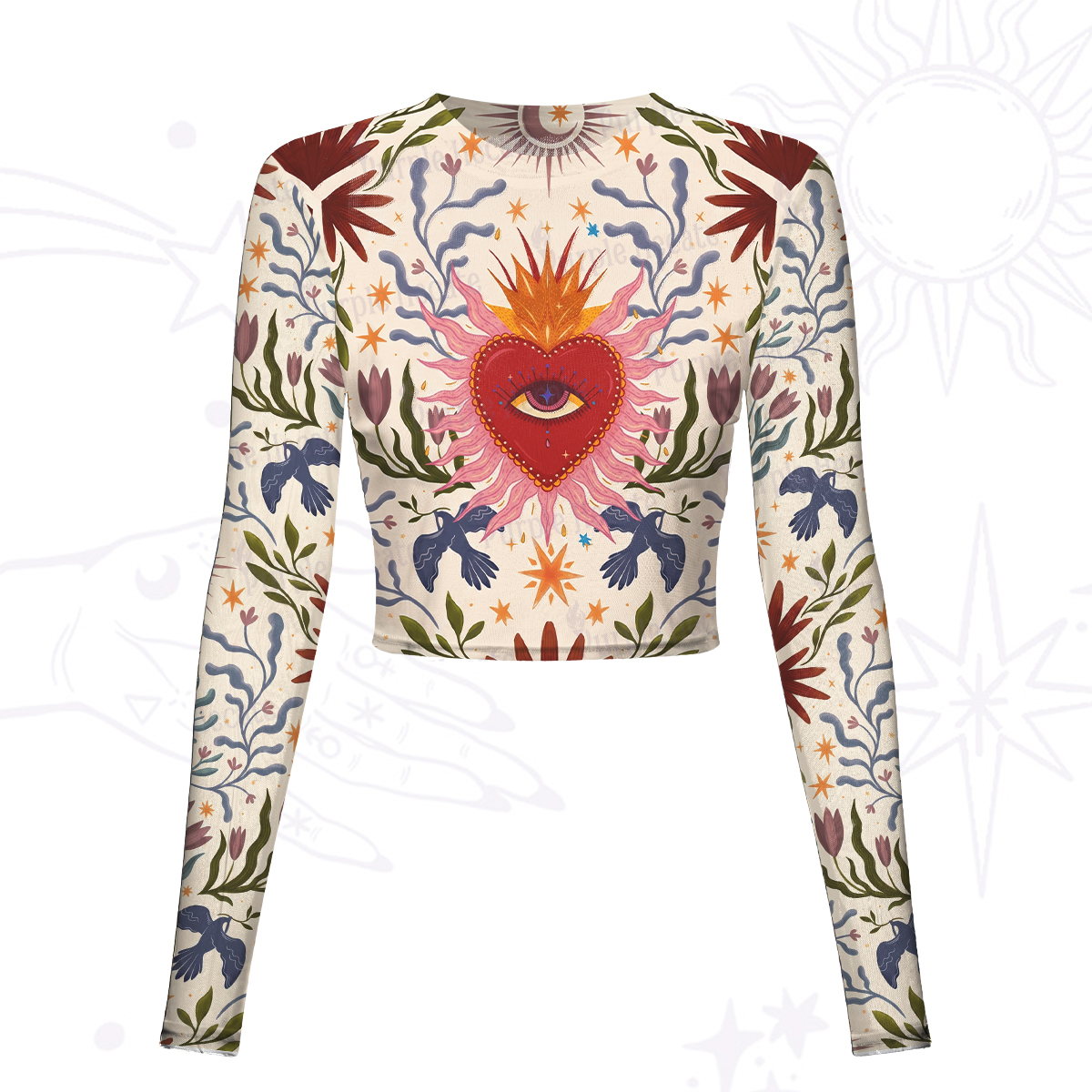 Purplehecate Sacred Flame Heart Mesh Long Sleeve Crop Top