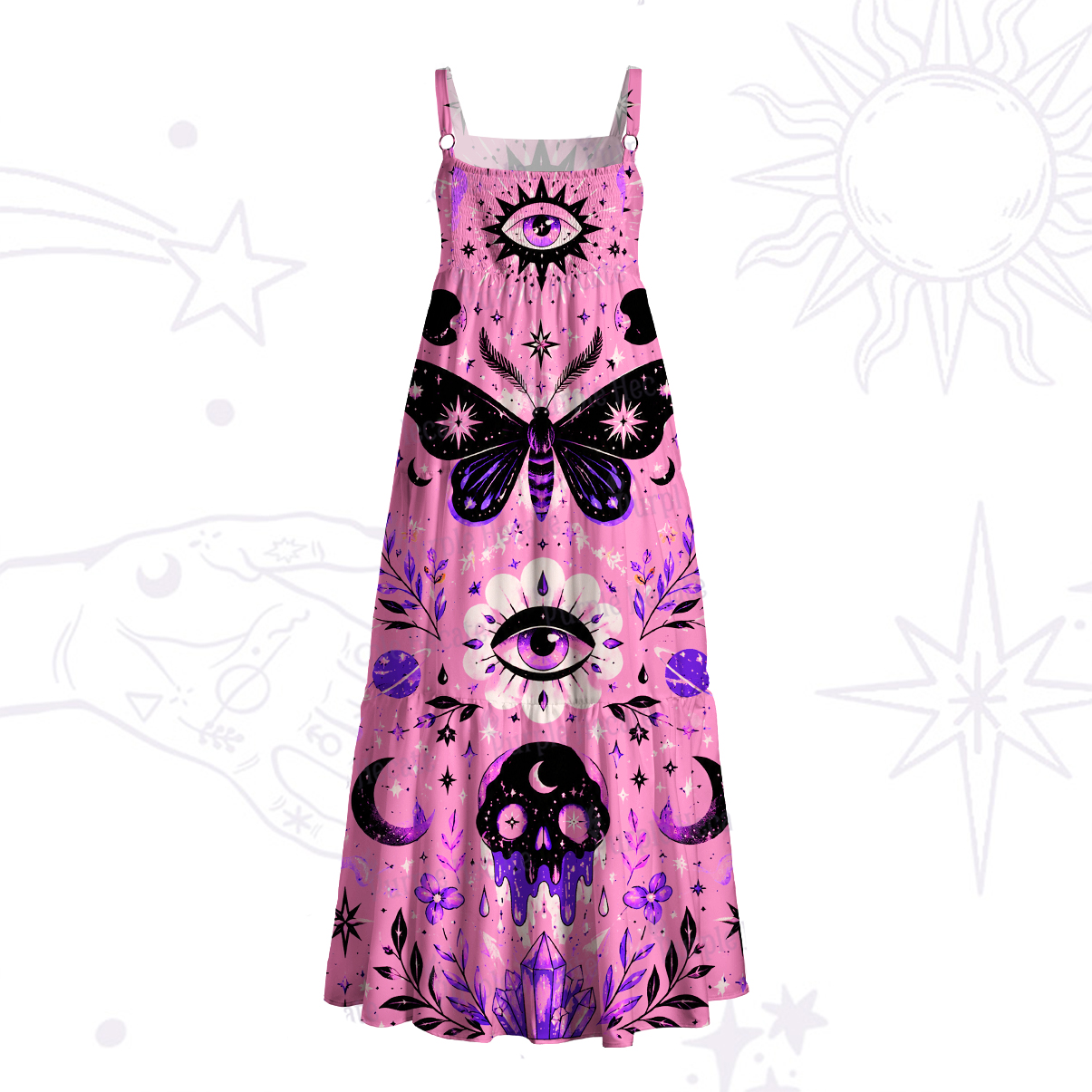 Purplehecate Dark Moth Third Eye Skull Wide Straps Maxi Dress