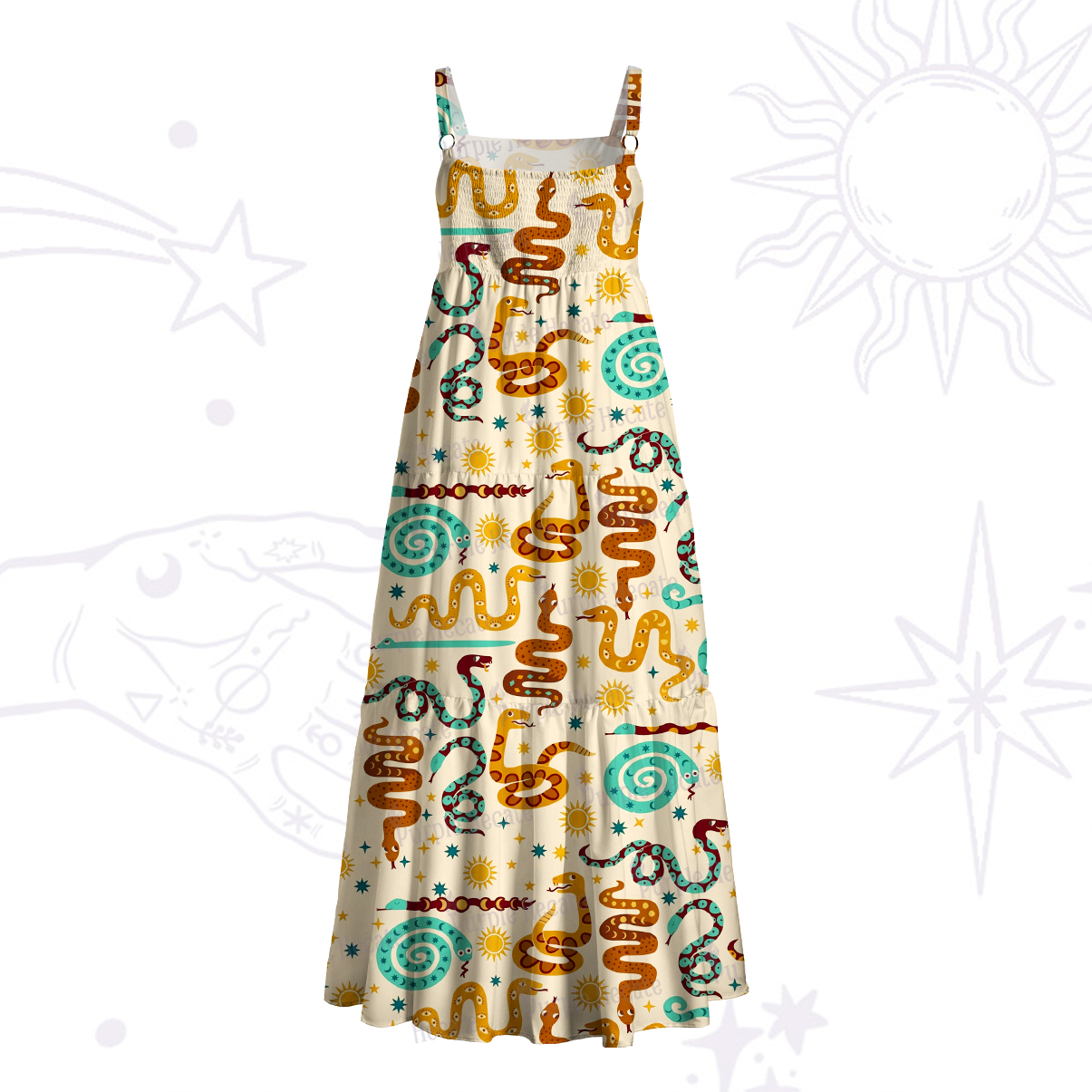 Purplehecate Mystic Sunlit Serpent Runes Wide Straps Maxi Dress