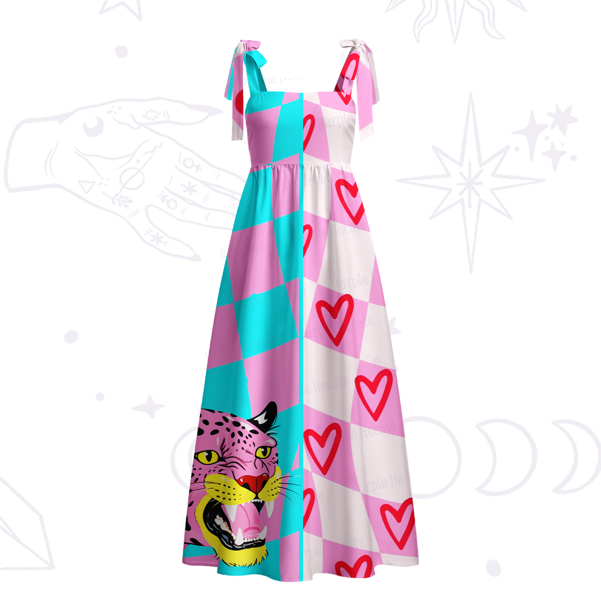 Purplehecate Savage Leopard Evil Eye Tie Shoulder Maxi Dress