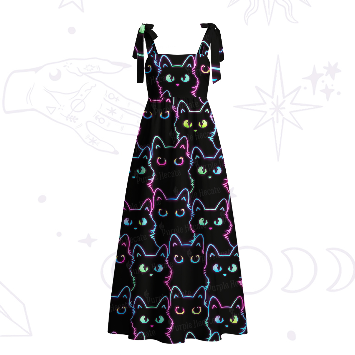 Purplehecate Neon Glow Stacked Cats Tie Shoulder Maxi Dress