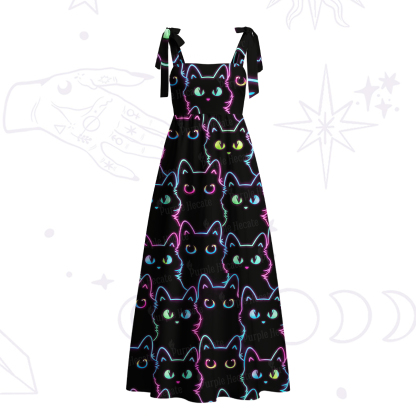 Purplehecate Neon Glow Stacked Cats Tie Shoulder Maxi Dress