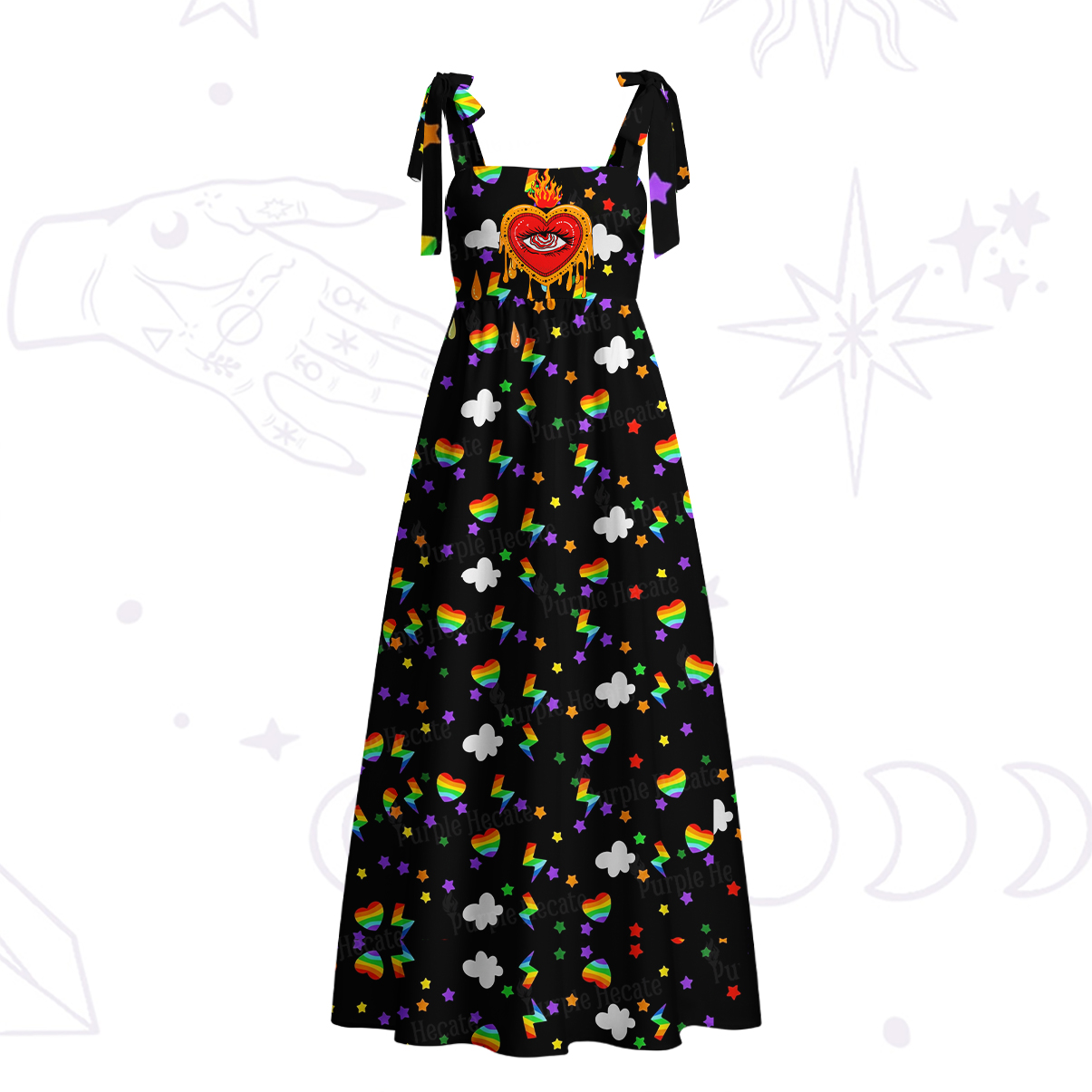 Purplehecate Rainbow Sacred Heart All Seeing Eye Pride Tie Shoulder Maxi Dress