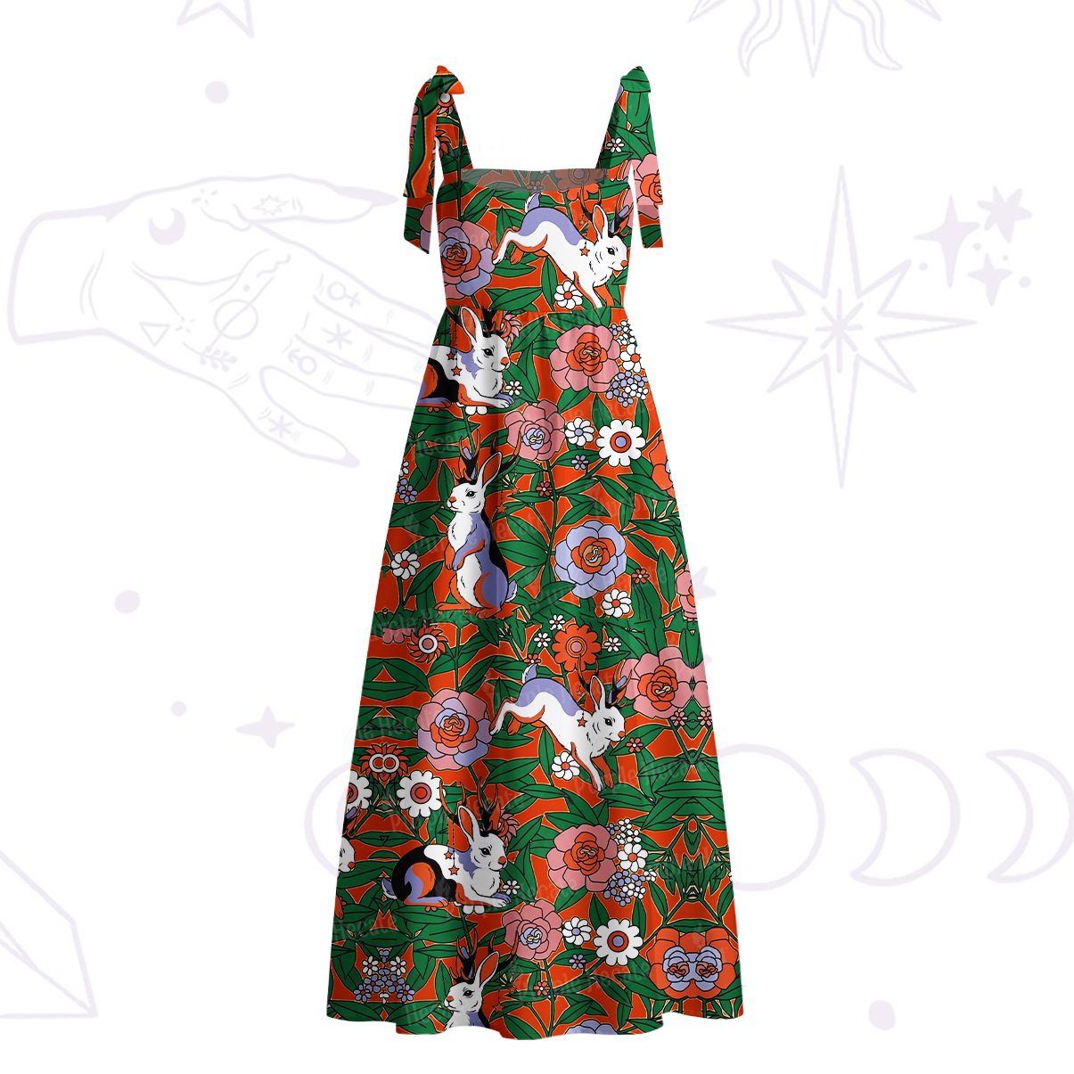 Purplehecate Mystic Blossom Bunny Garden Tie Shoulder Maxi Dress