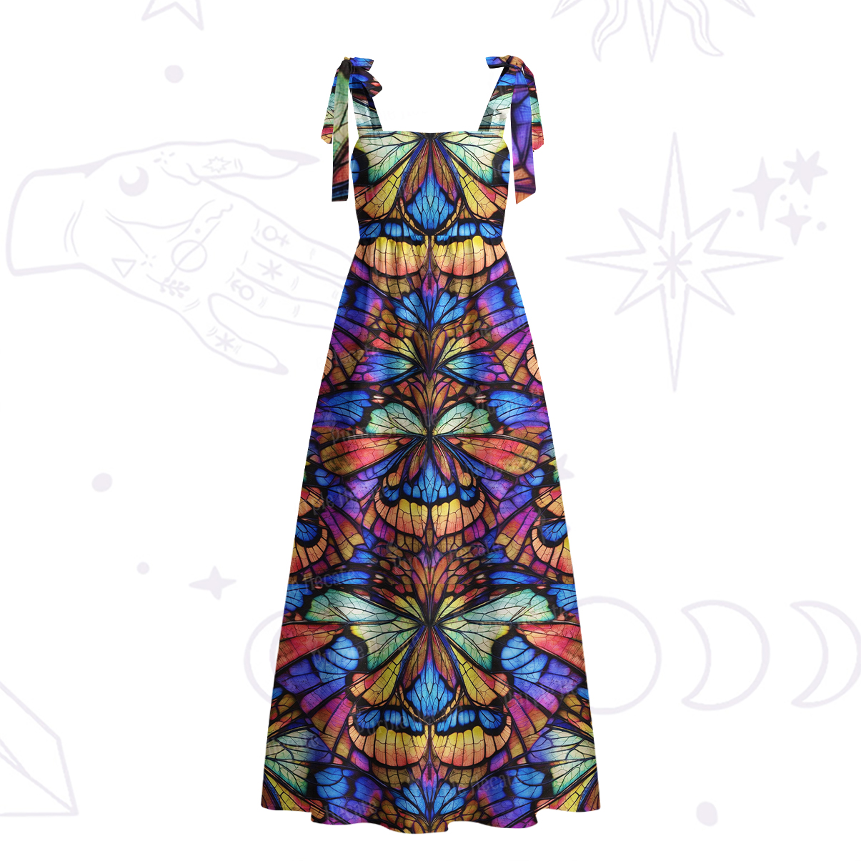 Purplehecate Colorful Butterfly Wing Pattern Tie Shoulder Maxi Dress