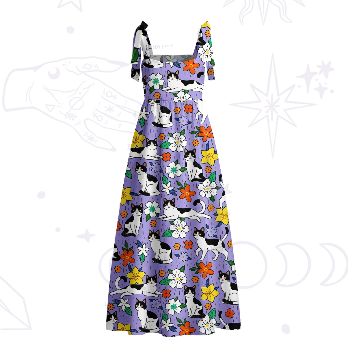 Purplehecate Enchanted Spring Whispering Cat Tie Shoulder Maxi Dress