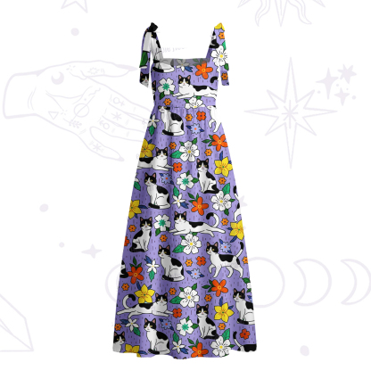 Purplehecate Enchanted Spring Whispering Cat Tie Shoulder Maxi Dress