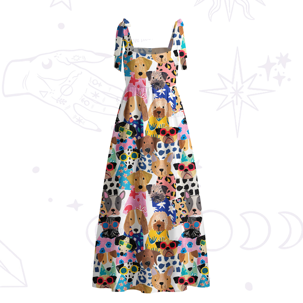 Purplehecate Puppy Parade Tie Shoulder Maxi Dress