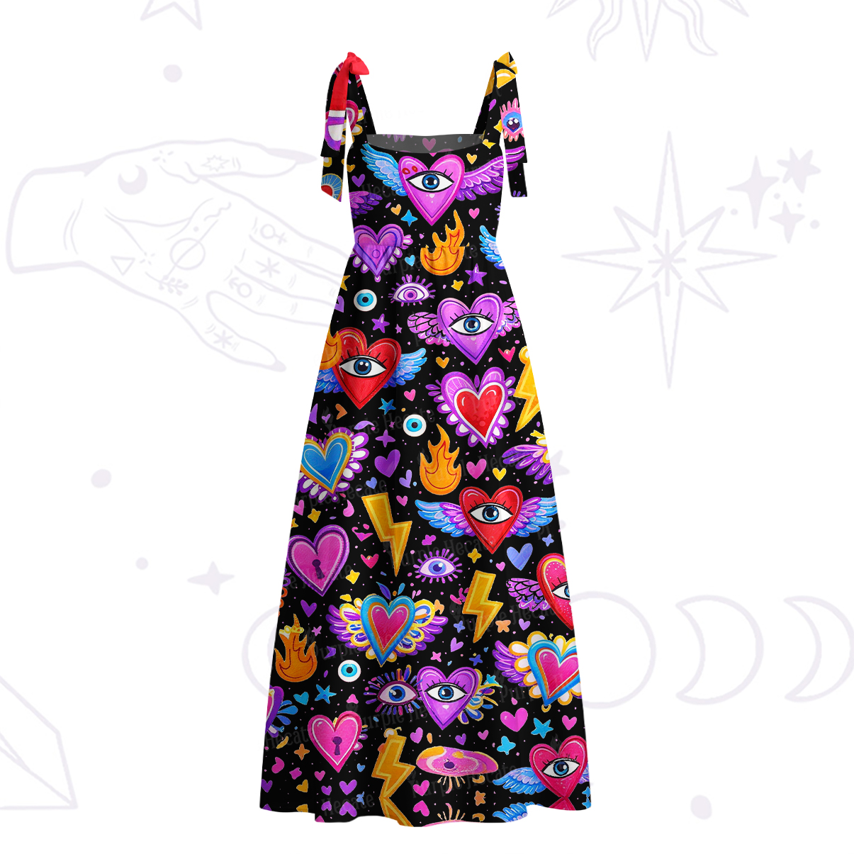 Purplehecate Mystic Heart Eye Wings Tie Shoulder Maxi Dress