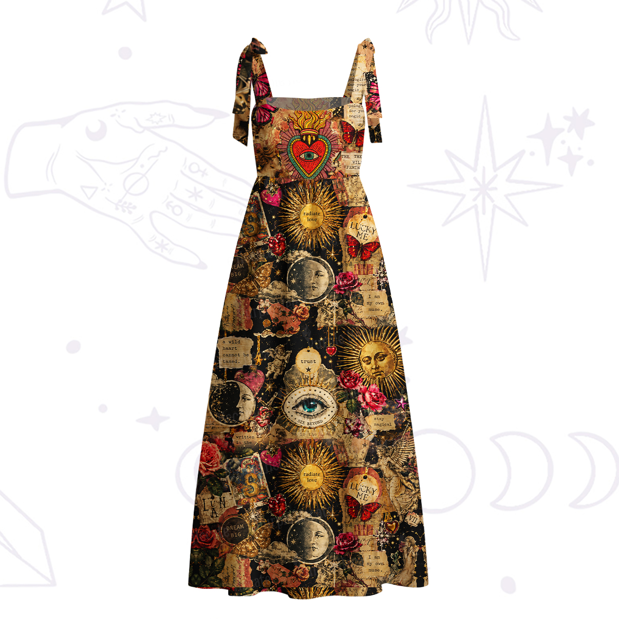 Purplehecate Vintage Celestial Witch Moon Collage Tie Shoulder Maxi Dress