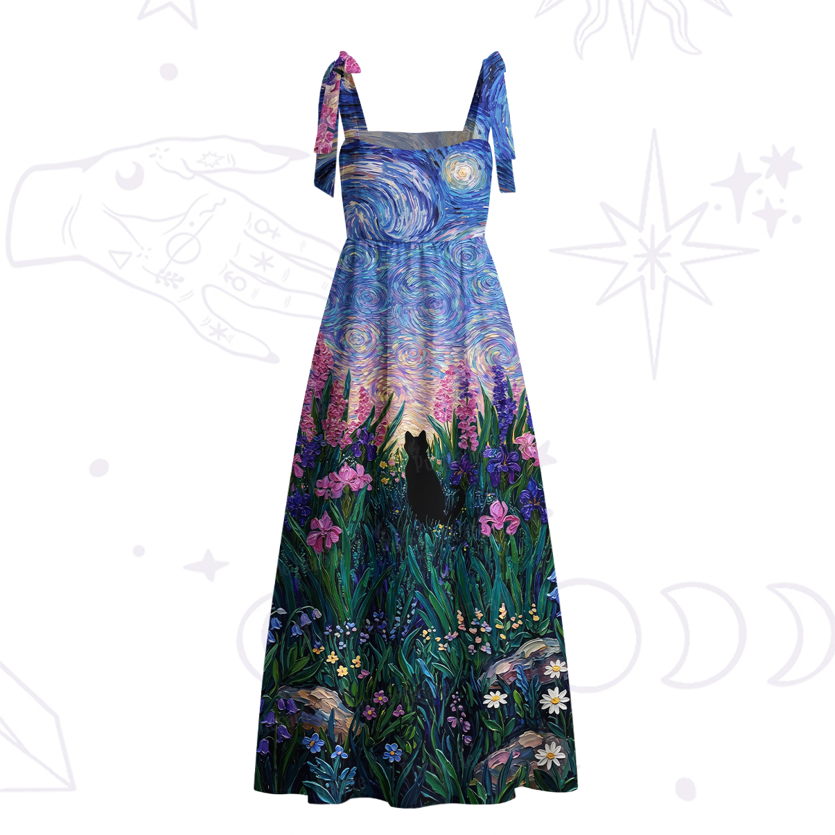 Purplehecate Starry Mystic Night Garden Cat Tie Shoulder Maxi Dress