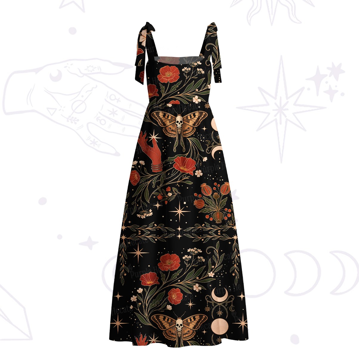 Purplehecate Death Moth Rebirth Tie Shoulder Maxi Dress