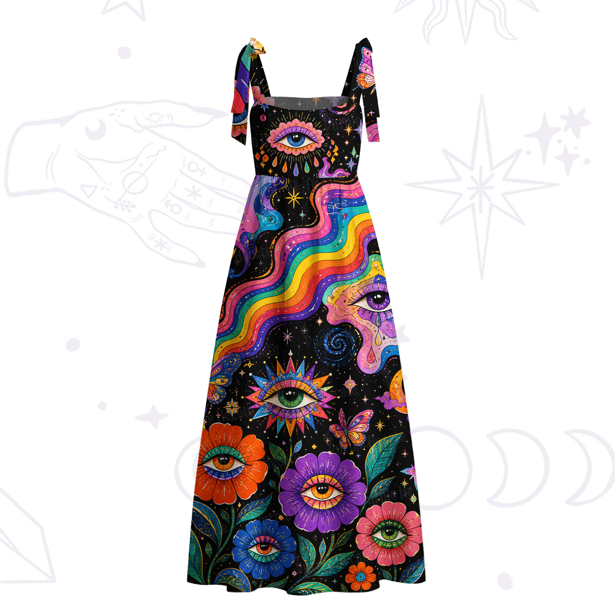 Purplehecate Groovy Hippie Flower Eyes Tie Shoulder Maxi Dress