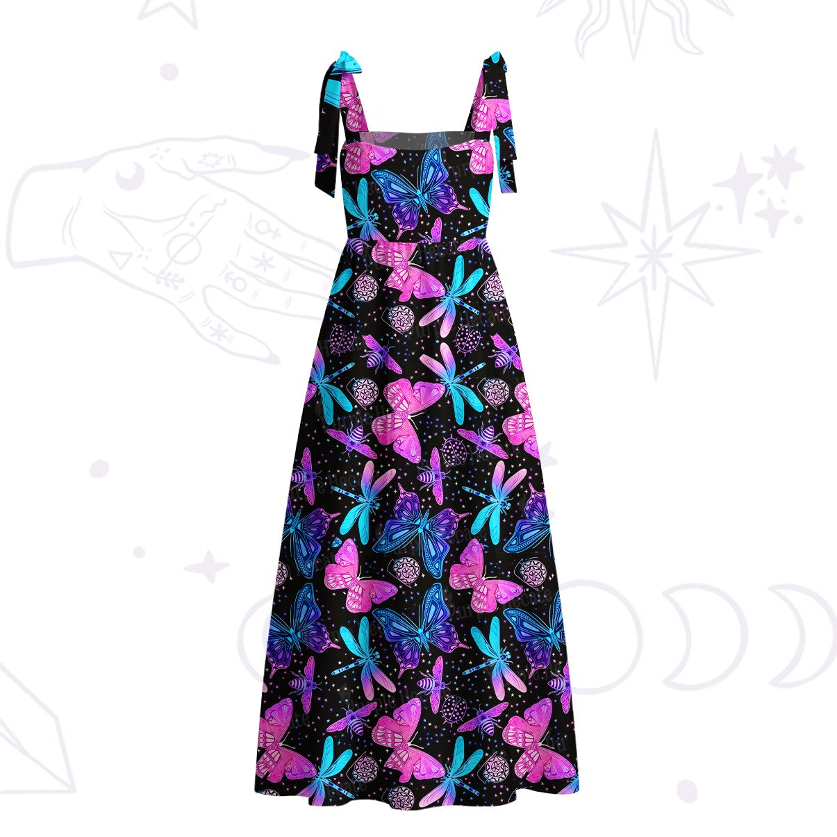 Purplehecate Neon Butterfly Dragonfly Tie Shoulder Maxi Dress