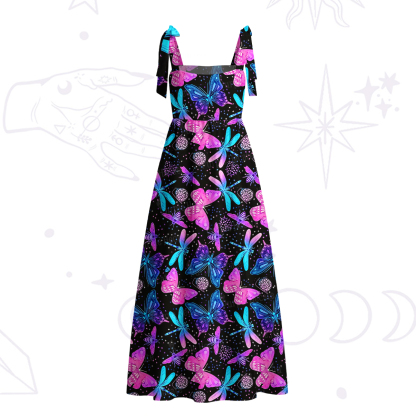 Purplehecate Neon Butterfly Dragonfly Tie Shoulder Maxi Dress