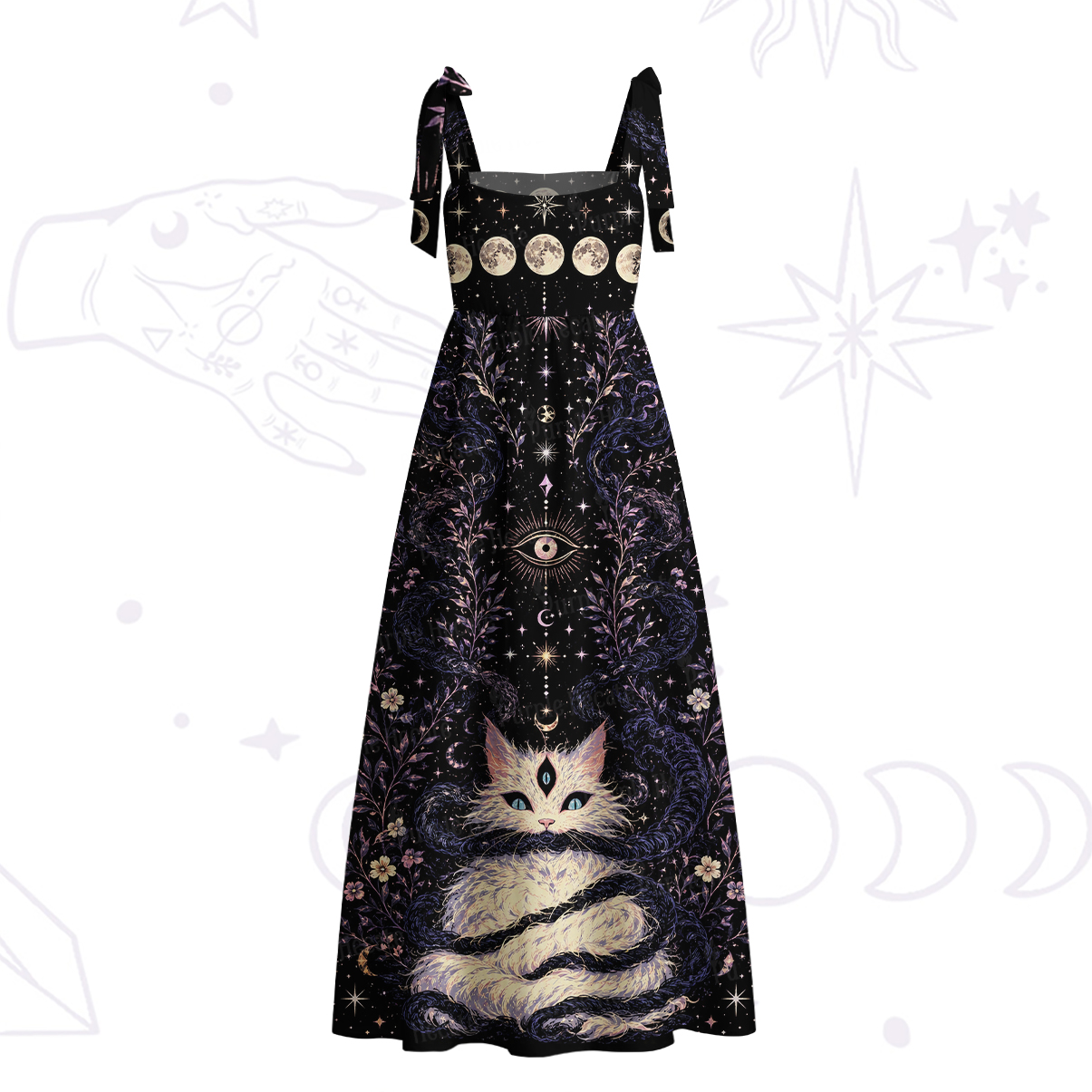 Purplehecate Moon Phase Oracle Cat Tie Shoulder Maxi Dress