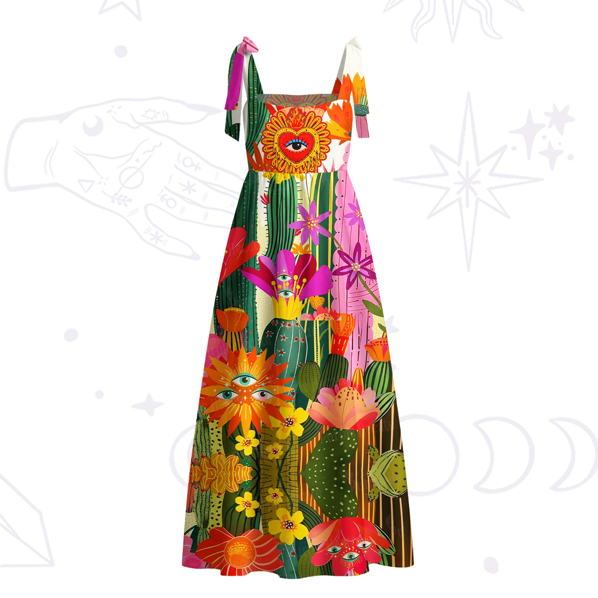Purplehecate Sacred Heart Cactus Bloom Tie Shoulder Maxi Dress