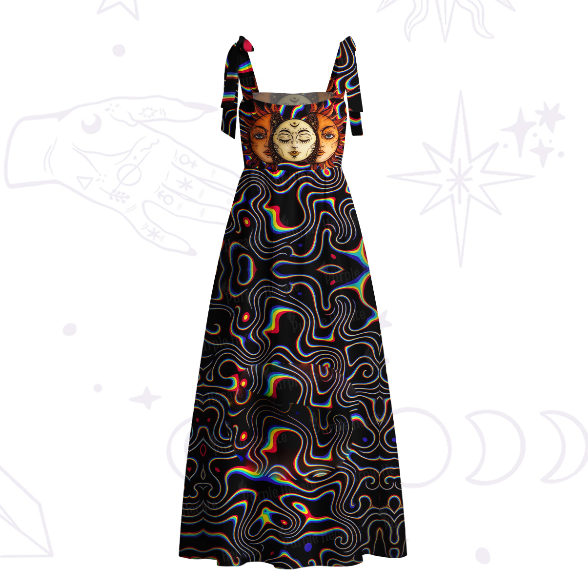 Purplehecate Psychedelic Sun and Moon Tie Shoulder Maxi Dress