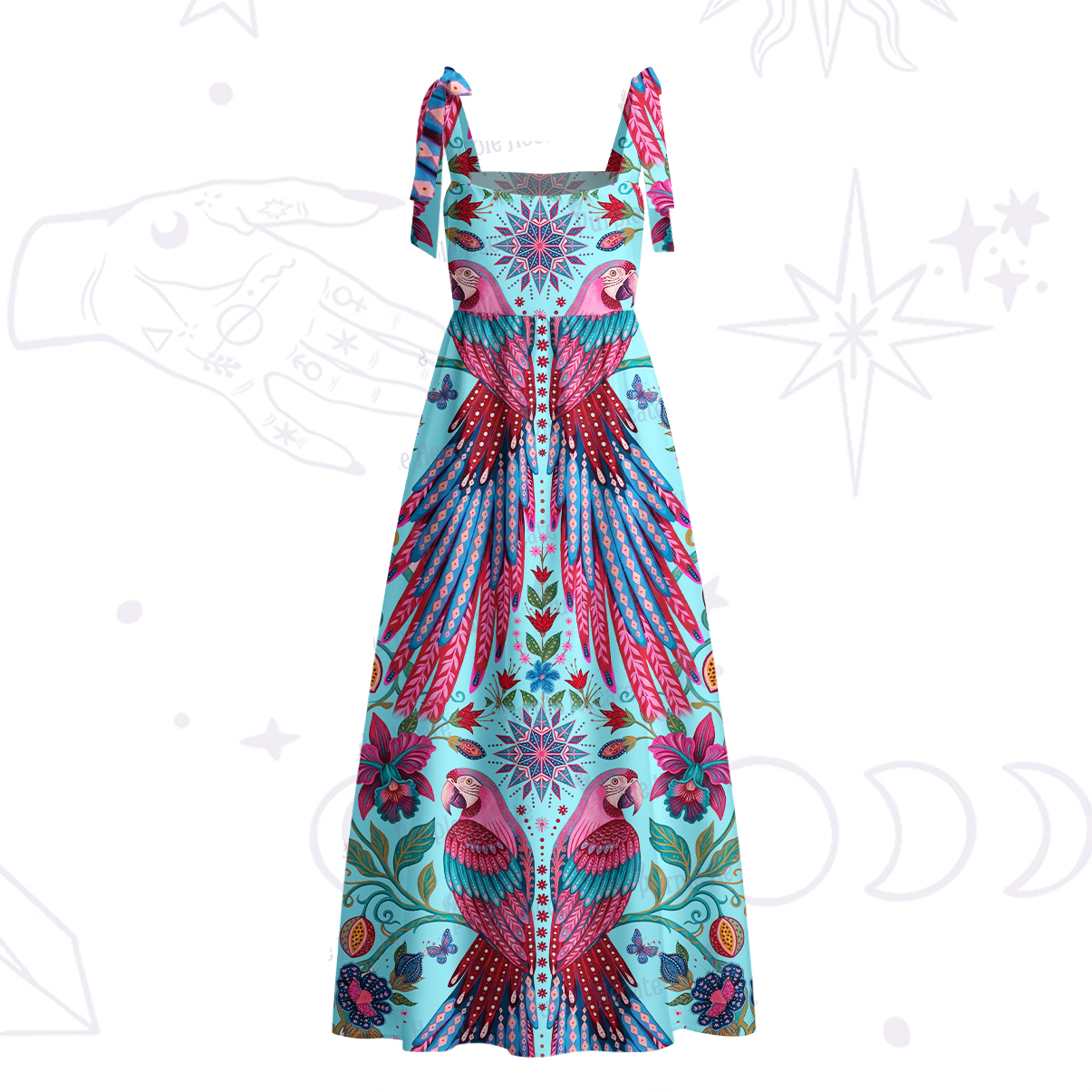 Purplehecate Tropical Parrot Garden Tie Shoulder Maxi Dress