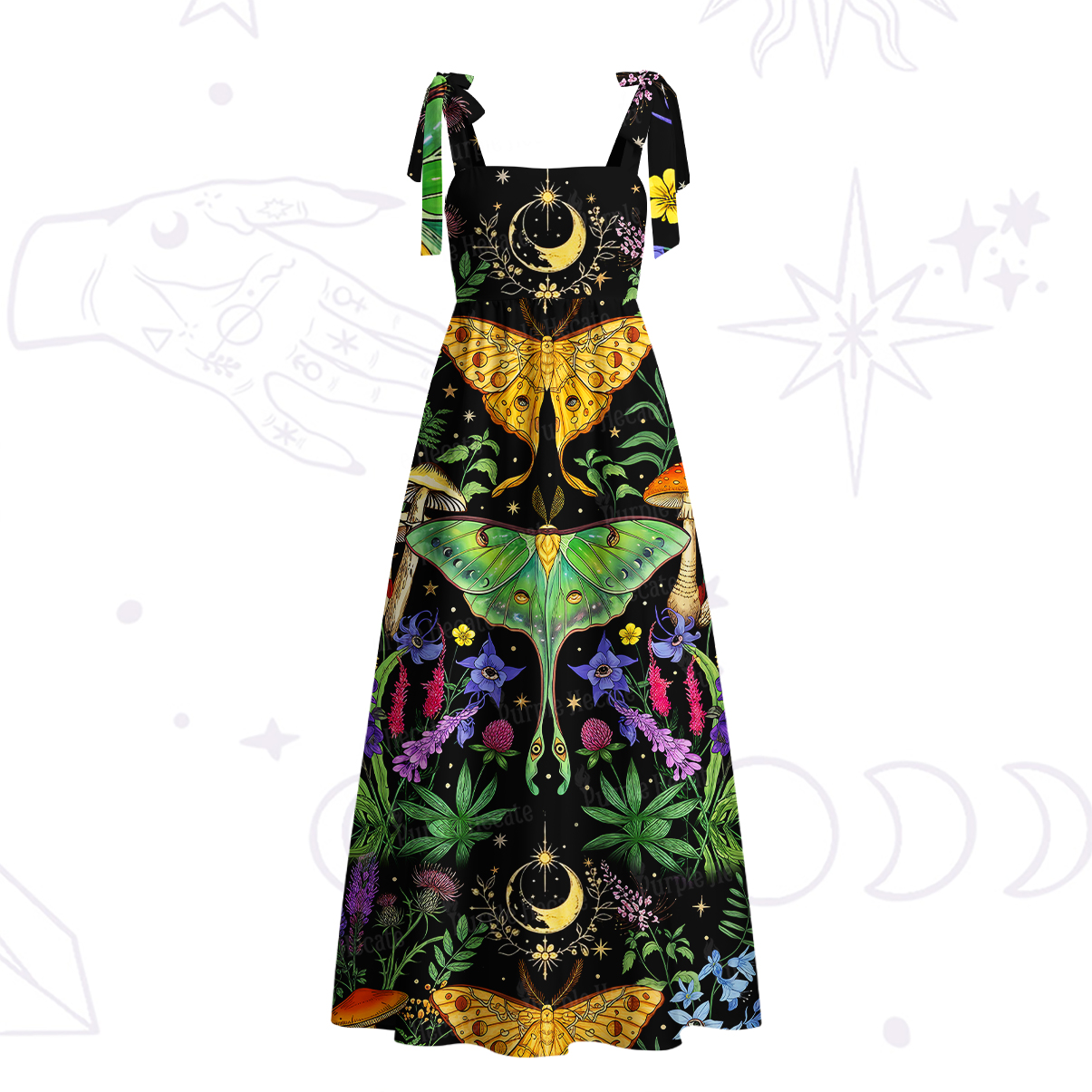 Purplehecate Mystic Lunar Moth Herbal Forest Tie Shoulder Maxi Dress