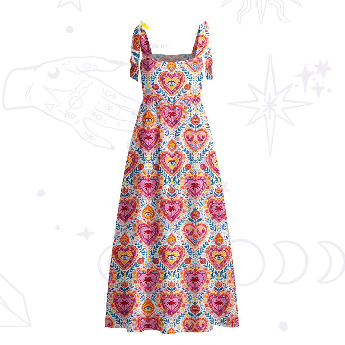 Purplehecate Flaming Hearts Tie Shoulder Maxi Dress