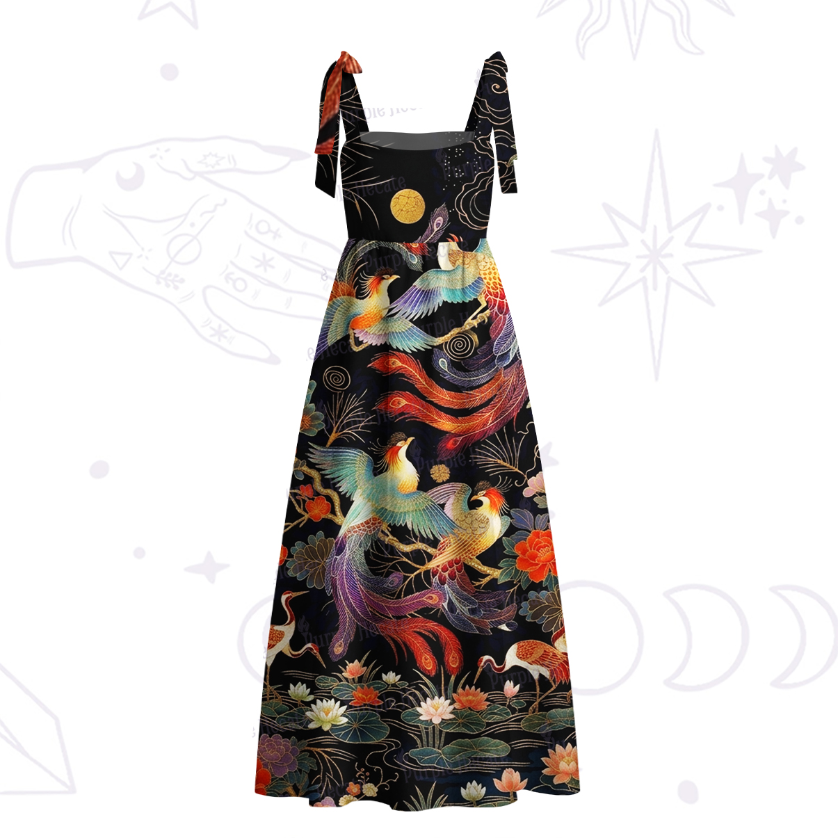 Purplehecate Mystic Moon Phoenix Tie Shoulder Maxi Dress