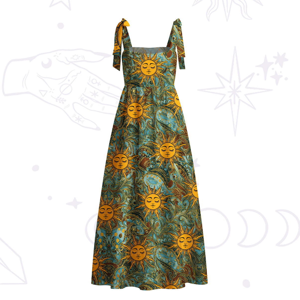 Purplehecate Golden Sun Wheel Tie Shoulder Maxi Dress